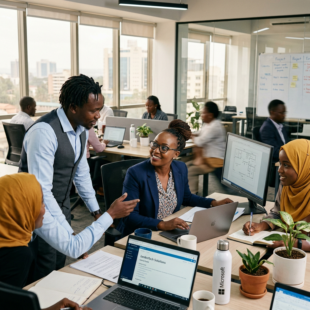Diverse coworkers collaborating around laptops, documents, and project plans