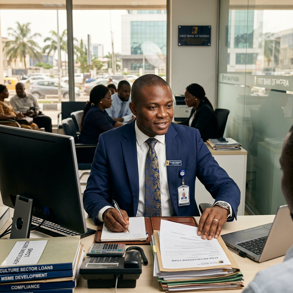 Bank officer reviewing documents with a customer at First Bank of Nigeria