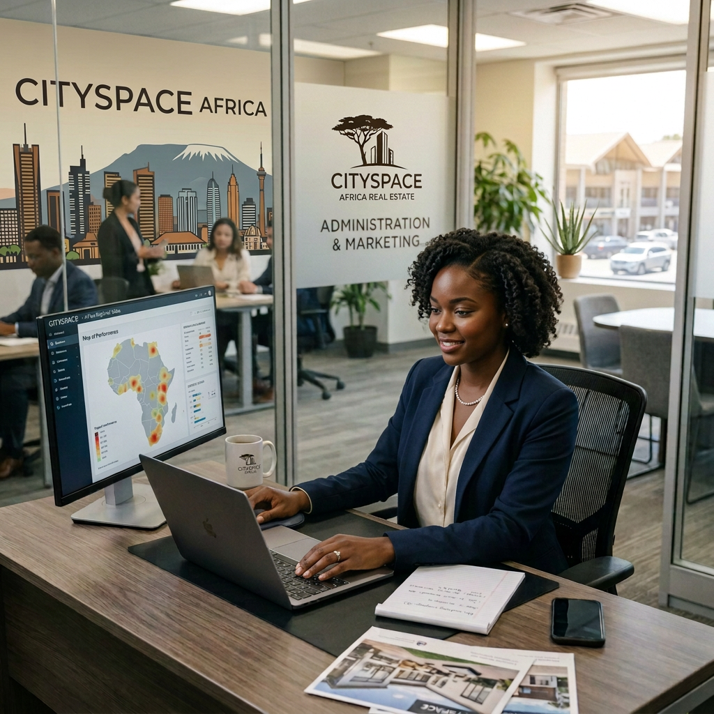 Woman working at laptop beside CRM charts; Cityspace Real Estate Administration & Marketing signs